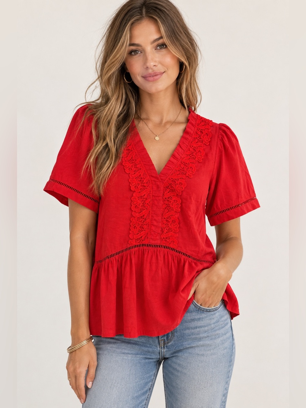 Notations Red V-Neck Lace-Trim Peplum Blouse